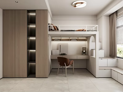 Modern Kids Room Interior Design With Bunk Bed Desk Chair Stairs And Built in Cabinets 3d model