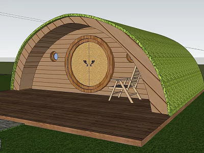 Dome Shaped Wooden Home with Green Roof Round Door Wooden Deck and Chair on Porch 3d model