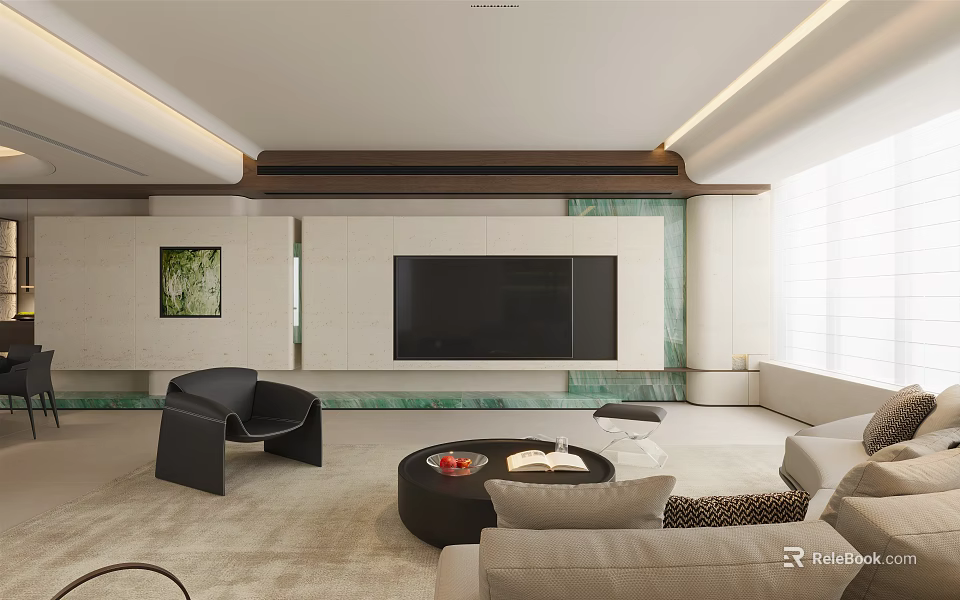 Modern Elegant Open Living Dining Room Interior Design With Sleek TV Wall And Comfortable Furniture 3d model 