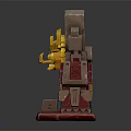 Ancient Decorative Statue With Golden Mask Geometric Structure And Blue Green Accents On Pedestal
