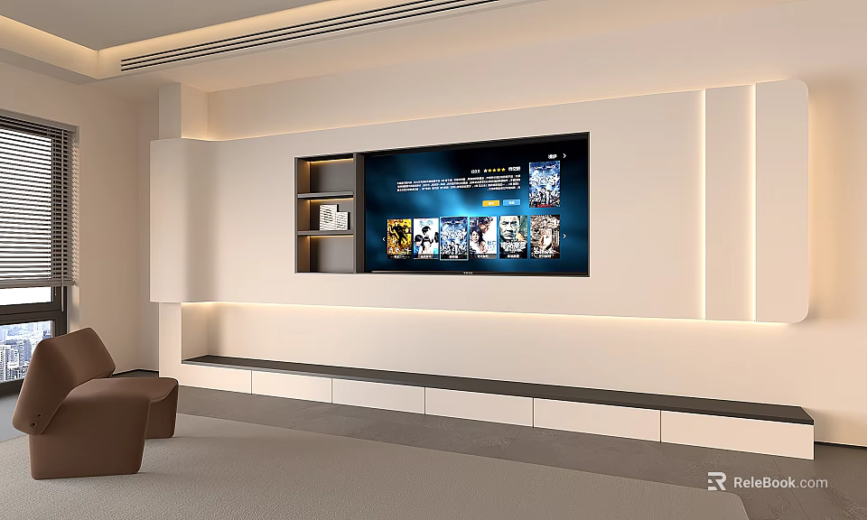 Modern Living Room Interior With TV Wall Open Shelves LED Lighting And Brown Sofa 3d model 