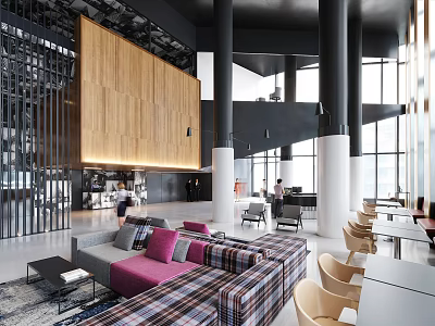 Modern Café Interior Design With Wooden Accent Wall Plush Sofa And Large Windows 3d model