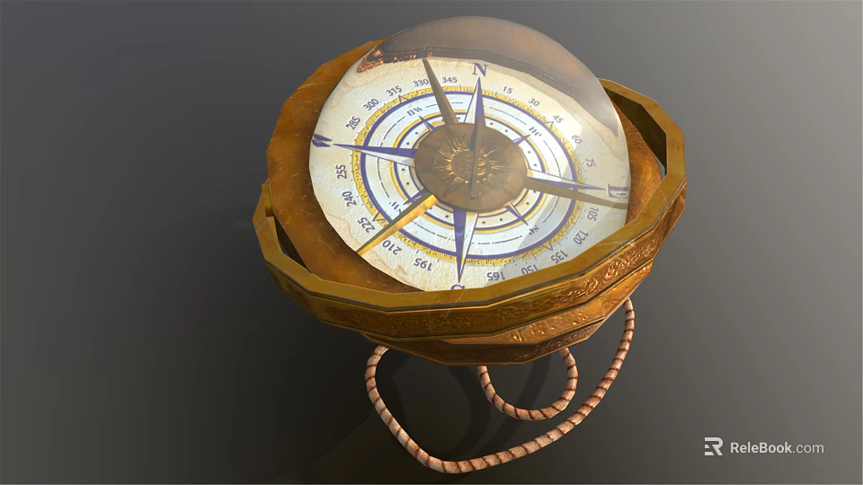 Antique Decorative Ornament Set with Glass Dome Compass on Carved Wooden Base with Braided Rope 3d model 