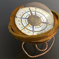 Antique Decorative Ornament Set with Glass Dome Compass on Carved Wooden Base with Braided Rope