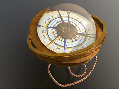 Antique Decorative Ornament Set with Glass Dome Compass on Carved Wooden Base with Braided Rope 3d model