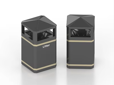 Two Black Litter Bins With Golden Stripes And Litter Label Design 3d model