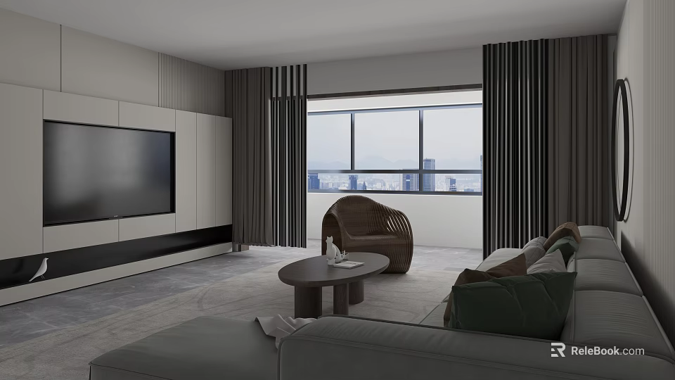 Modern Minimalist Living Room With Comfortable Sofa Large Window And Beautiful City View Decoration 3d model 