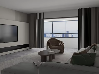 Modern Minimalist Living Room With Comfortable Sofa Large Window And Beautiful City View Decoration 3d model
