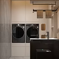 Modern Laundry Room Interior With Washing Machine Dryer Storage Cabinets And Polka Dot Tiled Wall