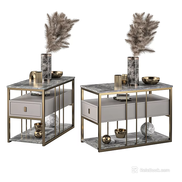 Elegant Modern Coffee Table With Marble Top Gold Metal Frame And Decorative Bowls Vase 3d model 