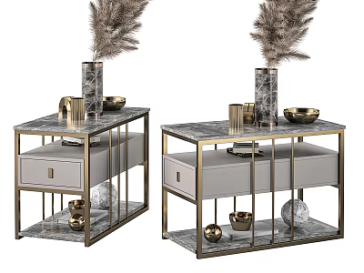 Elegant Modern Coffee Table With Marble Top Gold Metal Frame And Decorative Bowls Vase 3d model
