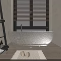 Transparent Frosted Bathtub In Bathroom With Window Blinds Ladder Shelf And Wooden Floor