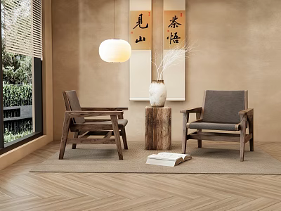 Accent Chairs With Wooden Frame And Gray Cushions In Japanese Zen Inspired Indoor Setting 3d model