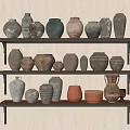 Various Ceramic Vessels Displayed On Wooden Shelves With Different Shapes And Earthy Tones