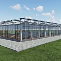 Large Modern Glass Greenhouse Structure With Transparent Panels And Grass Surroundings