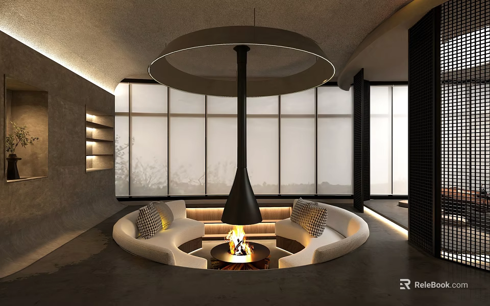 Cozy Modern Lounge Area With Circular Fire Pit Curved Sofas Pendant Light And Sliding Windows 3d model 