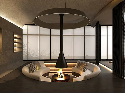 Cozy Modern Lounge Area With Circular Fire Pit Curved Sofas Pendant Light And Sliding Windows 3d model