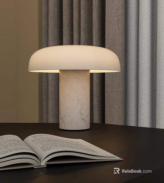 Modern Table Lamp With Round Lampshade And Marble Column On Dark Table With Open Book 3d model 