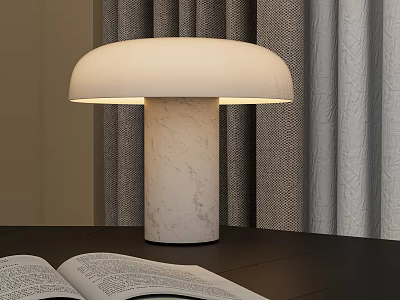 Modern Table Lamp With Round Lampshade And Marble Column On Dark Table With Open Book 3d model