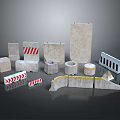 Various Traffic Barriers With Concrete Blocks Red White Stripes And Circular Bollards 3d model