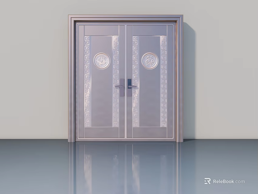 Modern Silver Metal Swing Door With Double Panels And Decorative Circular Patterns 3d model