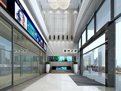 Modern Store Front Desk With Glass Doors Large Screen Chandelier And Potted Plants 3d model