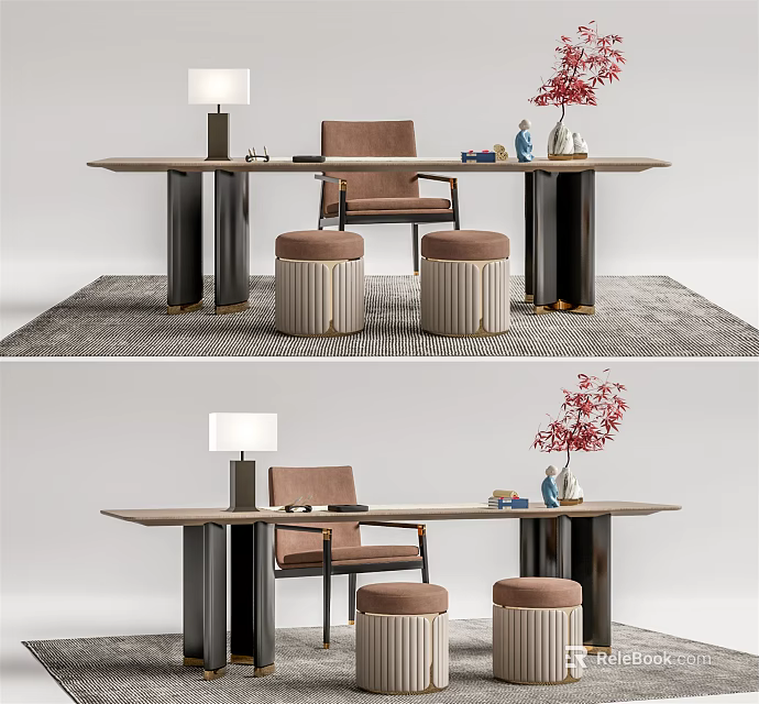 Modern Home Desk With Wooden Top Comfortable Chair Stools Table Lamp And Decorative Vase 3d model