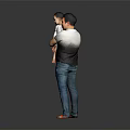Man Wearing Jeans And Slippers Holding Child Against Gray Background