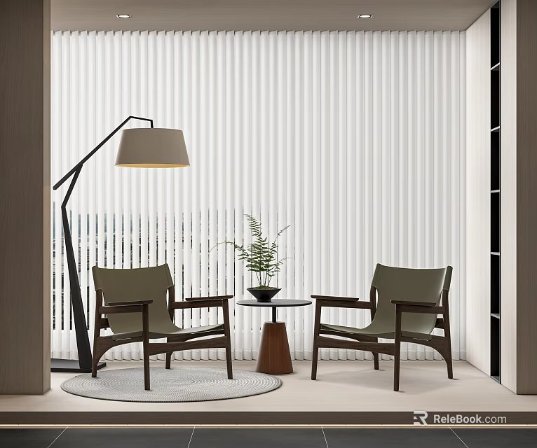 Modern Table and Chairs Set with Floor Lamp Potted Plant Window Blinds in Minimalist Interior 3d model 