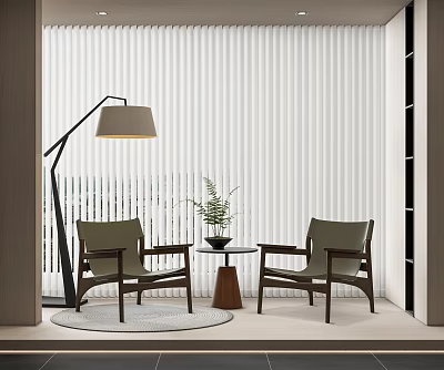 Modern Table and Chairs Set with Floor Lamp Potted Plant Window Blinds in Minimalist Interior 3d model
