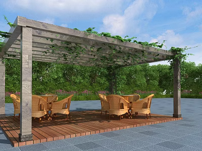 Outdoor Wooden Pergola with Climbing Vines and Tables with Chairs Surrounded by Greenery 3d model