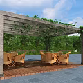Outdoor Wooden Pergola with Climbing Vines and Tables with Chairs Surrounded by Greenery