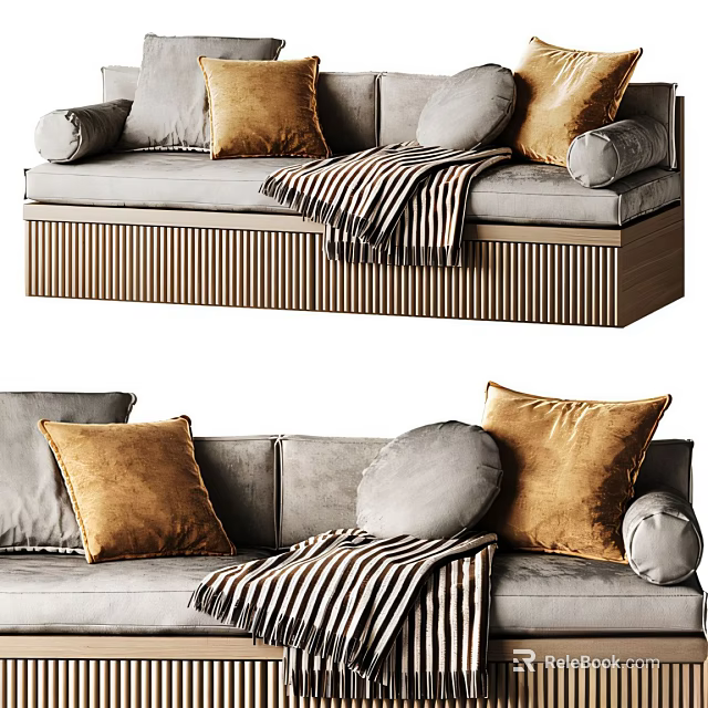 Gray Sectional Sofa with Golden Plush Pillows Striped Blanket and Striped Wooden Base 3d model 