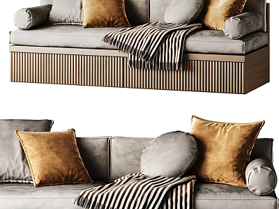 Gray Sectional Sofa with Golden Plush Pillows Striped Blanket and Striped Wooden Base 3d model