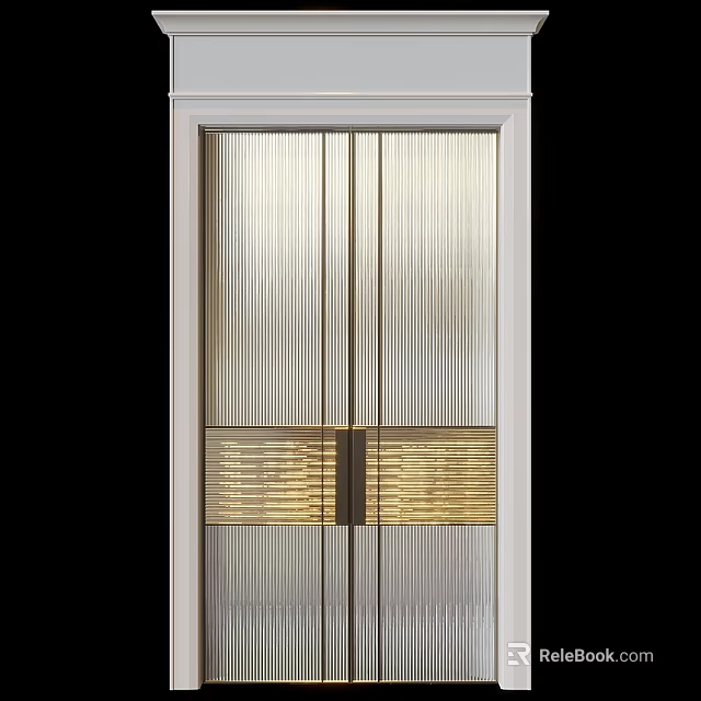 Modern Swing Door With White Frame Ribbed Glass And Brass Handles 3d model 