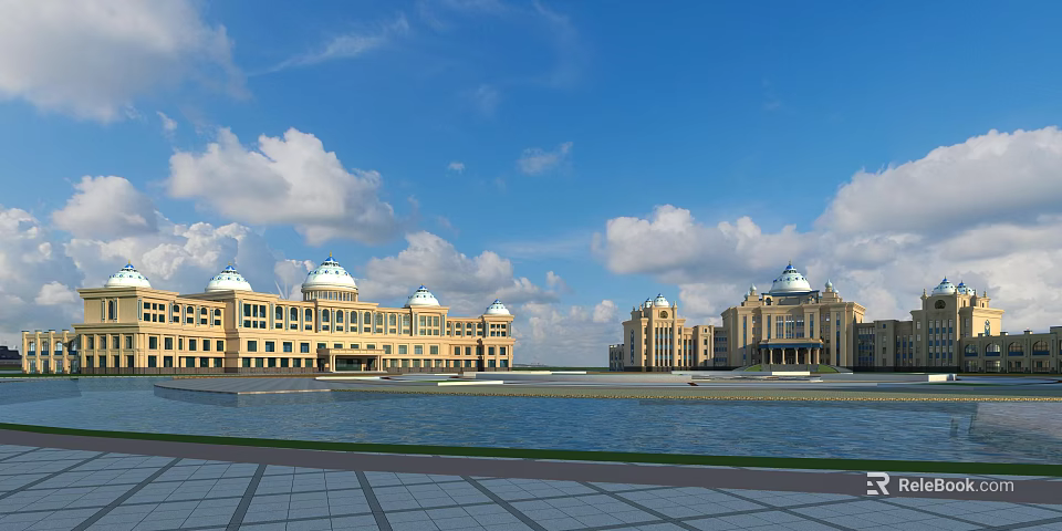 Grand Classical Office Building With Dome Roofs And Front Water Plaza Under Blue Sky 3d model 