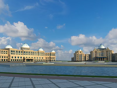 Grand Classical Office Building With Dome Roofs And Front Water Plaza Under Blue Sky 3d model