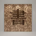 Sofa Background Wall with Wooden Tile Mosaic Chinese Book Character Design Modern Artistic Interior