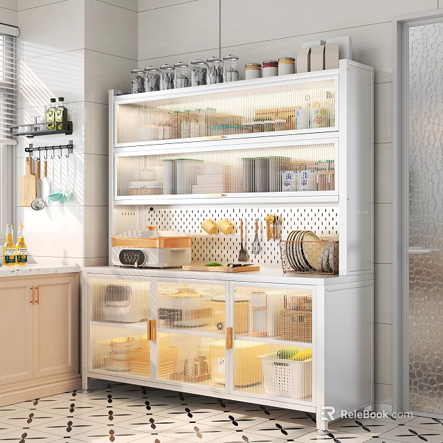 Modern White Kitchen Sideboard With Transparent Doors And Built In Light For Large Kitchenware Storage 3d model 