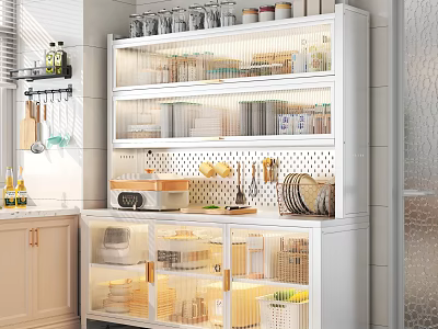 Modern White Kitchen Sideboard With Transparent Doors And Built In Light For Large Kitchenware Storage 3d model