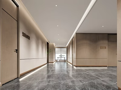Modern Office Corridor With Light-colored Walls Marble Floor And Recessed Lighting 3d model