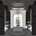 Elegant Bathroom Interior With Arch Mirrors Double Vanities Round Blue Bathtub And Hanging Pendant Lights