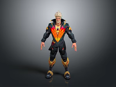 Blonde Haired Game Movie Character With Black Red Outfit Flame Pattern And Golden Accents 3d model