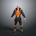 Blonde Haired Game Movie Character With Black Red Outfit Flame Pattern And Golden Accents