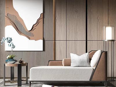 Elegant Modern Chaise Lounge Interior With Beige Upholstery Wooden Side Table And Wall Art 3d model