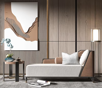 Elegant Modern Chaise Lounge Interior With Beige Upholstery Wooden Side Table And Wall Art 3d model