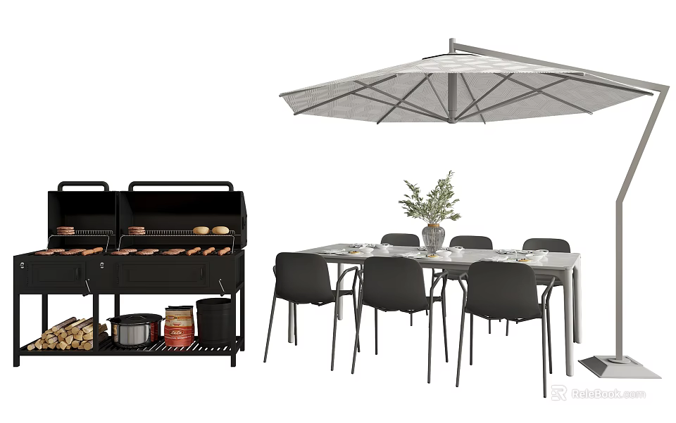 Outdoor Table Set With Black Chairs Umbrella And BBQ Grill For Patio Dining Area 3d model 