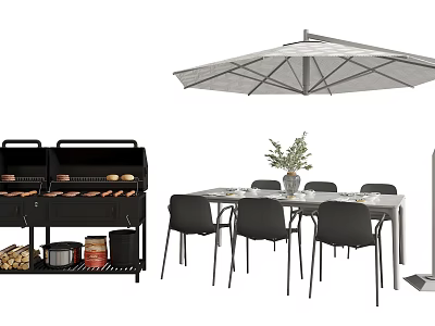 Outdoor Table Set With Black Chairs Umbrella And BBQ Grill For Patio Dining Area 3d model