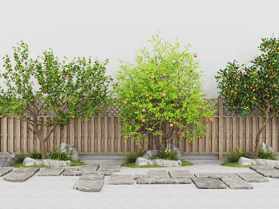 Beautiful Garden Landscape With Fruit Trees Stone Pathway Wooden Fence And Decorative Stones 3d model