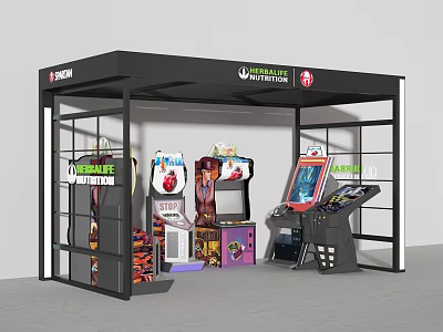 Universal Attraction Amusement Equipment Exhibition Booth With Various Arcade Machines And Display Shelves 3d model
